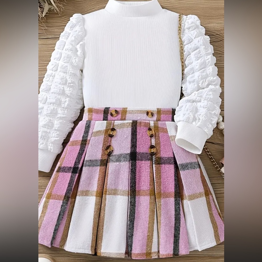 Puff White Long Sleeve Top and Pink Plaid Skirt